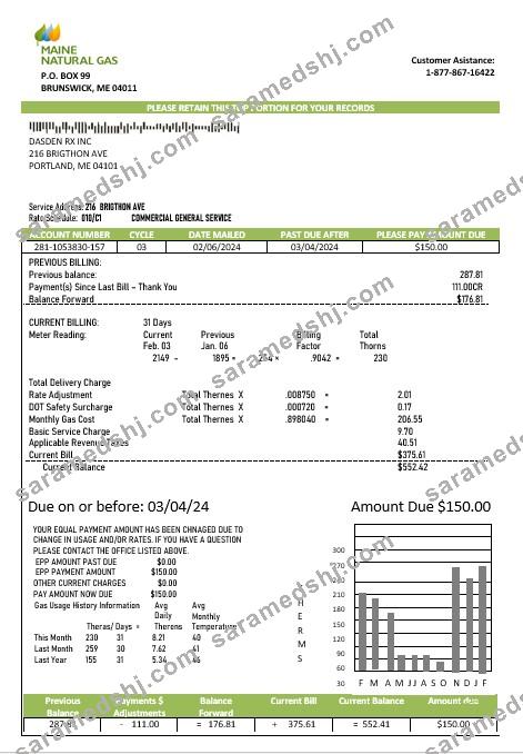 USA Maine Natural Gas Portland business utility bill template in Word and PDF formats